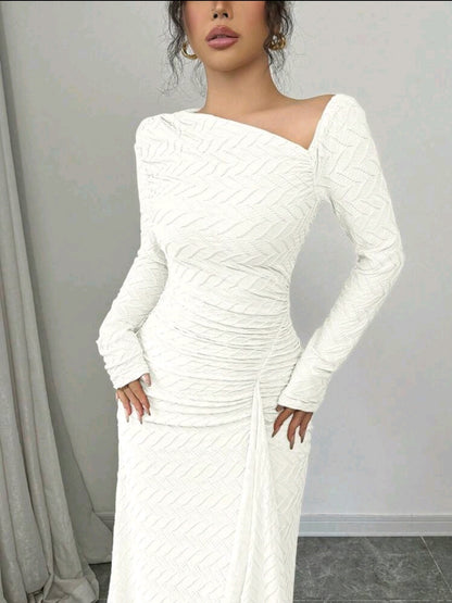 Elenzga Robe maxi élégante en tricot texturé de couleur unie à manches longues
