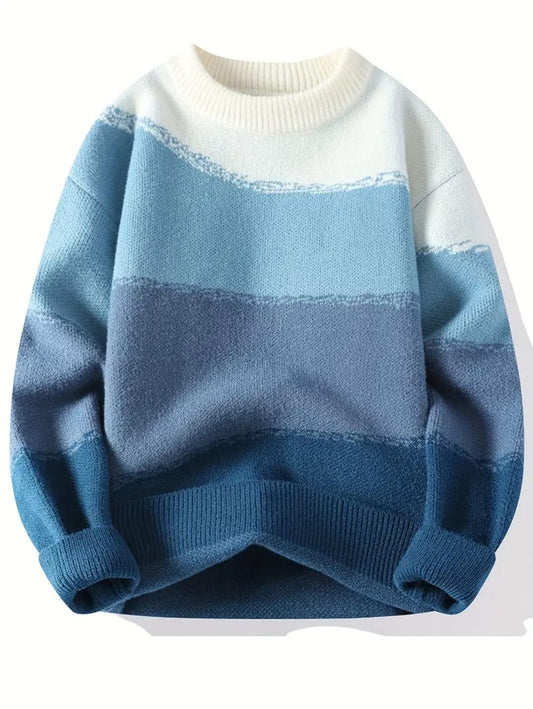 Pullover tricoté dégradé pour homme, pull décontracté à manches longues et col rond pour l'automne et l'hiver