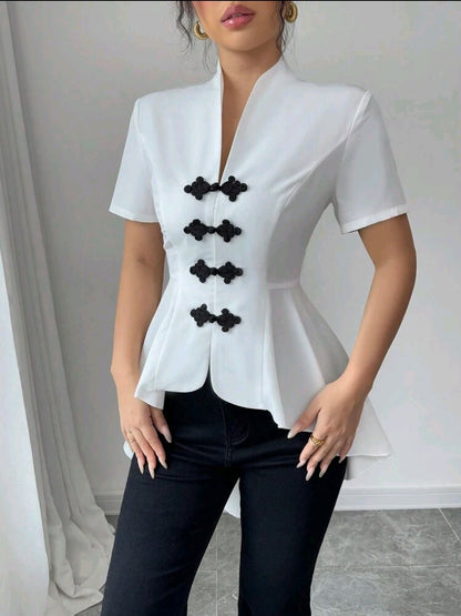 Elenzga Chemise décontractée 2024 pour femmes à boutons devant, décoration et ourlet asymétrique