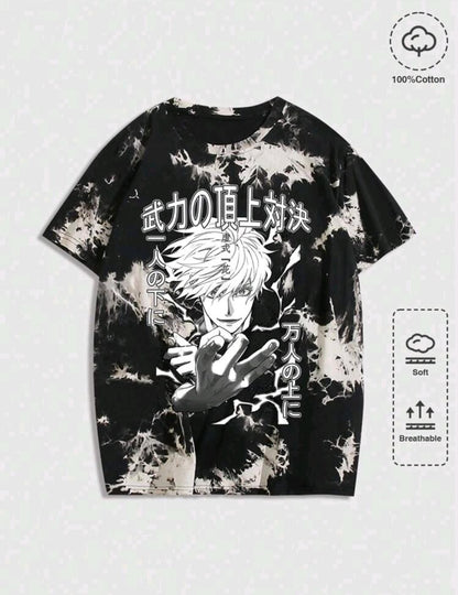 ROMWE MEN Anime T-shirt décontracté à manches courtes, col ras-du-cou, avec imprimé de personnage d'anime tie-dye pour homme