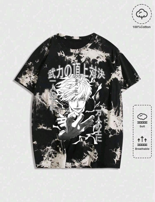 ROMWE MEN Anime T-shirt décontracté à manches courtes, col ras-du-cou, avec imprimé de personnage d'anime tie-dye pour homme