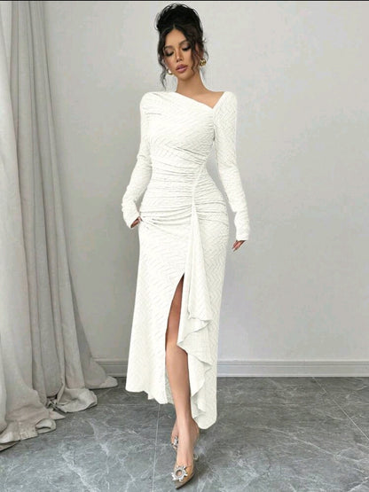 Elenzga Robe maxi élégante en tricot texturé de couleur unie à manches longues
