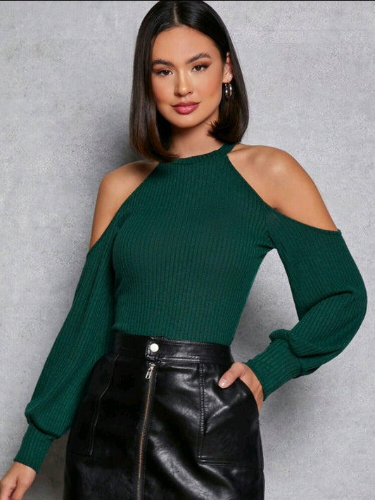 Firerie Top décontracté pour femme à encolure ronde, épaules dénudées, manches longues, de couleur unie