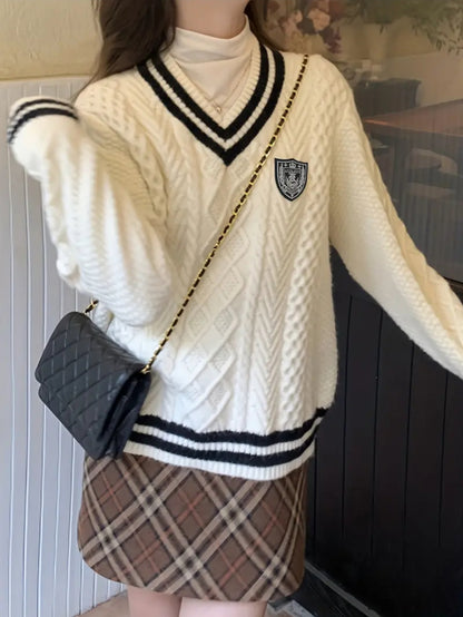 Pull à Col en V d'Inspiration Vintage pour Femme - Mélange Acrylique Confortable, Pull à Manches Longues avec Motif Diamant