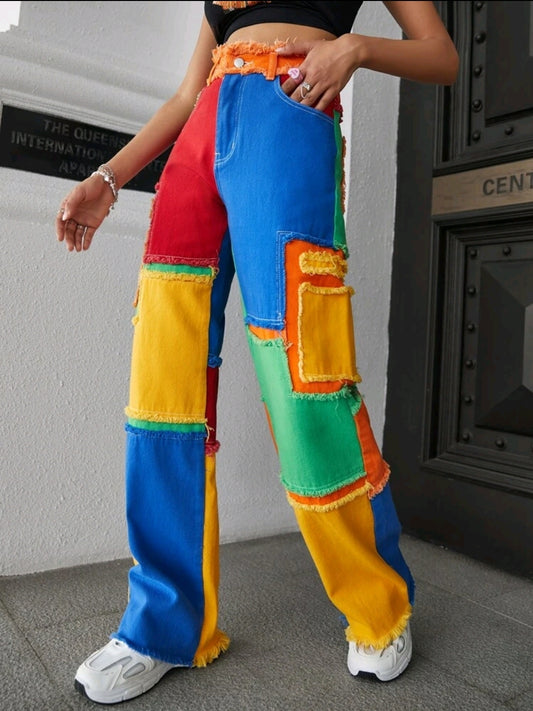 Jean à imprimé patchwork effiloché