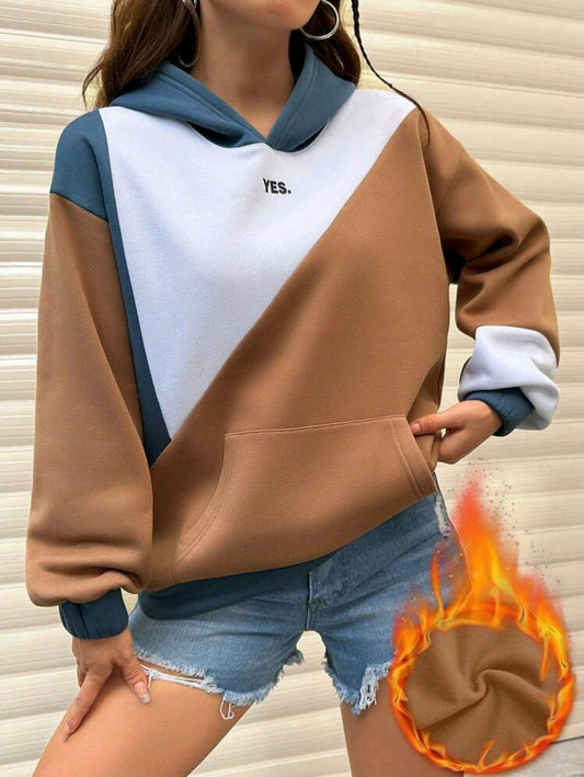 Flirla Sweat-shirt à capuche imprimé de lettres en contraste de couleurs pour femmes, hauts à manches longues