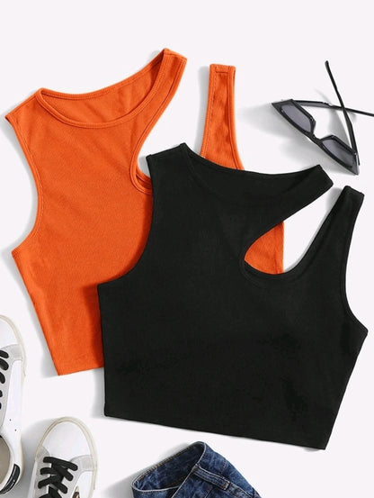 2 pièces Ensemble de débardeurs moulants en tricot de couleur unie pour femmes, Printemps/Été