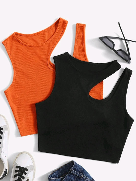 2 pièces Ensemble de débardeurs moulants en tricot de couleur unie pour femmes, Printemps/Été