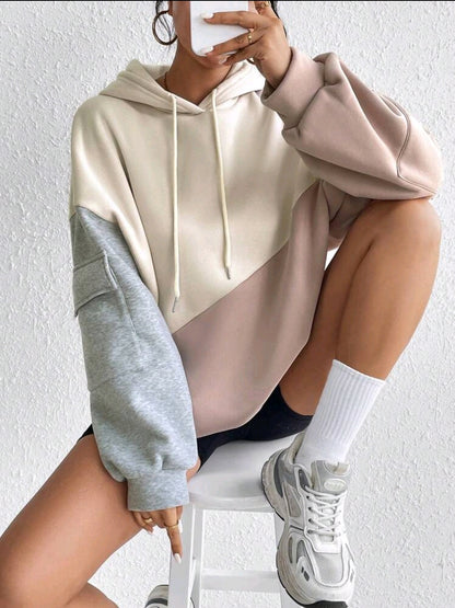 Flirla Sweat-shirt à capuche casual avec cordon de serrage, patchwork de blocs de couleur