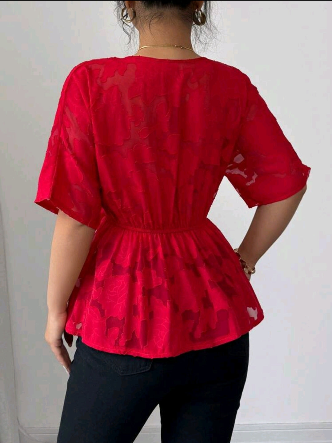 Elenzga Élégante chemisier femme à col V profond sexy en maille rouge jacquard, manches courtes, taille cintrée avec nœud papillon devant