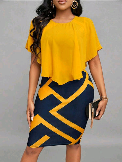 Robe de bureau élégante avec ourlet volant de patchwork à imprimé géométrique, pour femme, printemps & été jaune