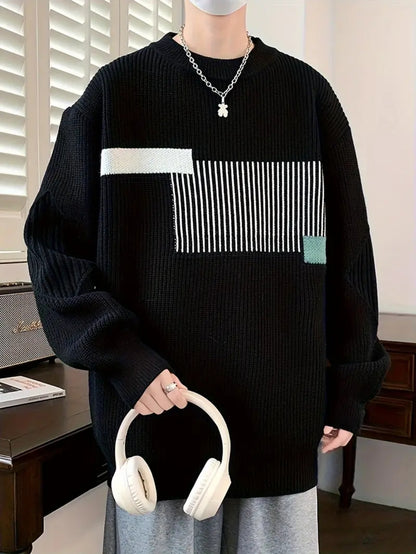Pull Tricoté à Rayures et Blocs de Couleur pour Homme, Pull Décontracté à Manches Longues