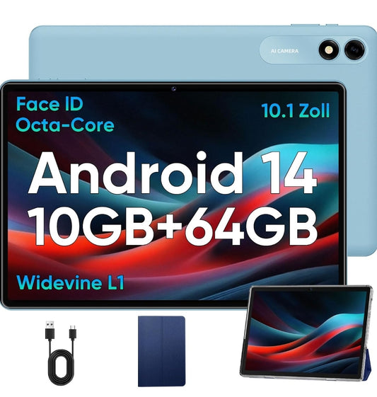 Tablette 10,1 pouces Android 14, certifiée GMS (2024), Octa Core avec étui, 10 Go de RAM, 64 Go de ROM, 1 To d'extension, 6 000 mAh, charge rapide, Wi-Fi, Bluetooth 5.0, FM, GPS (bleu)