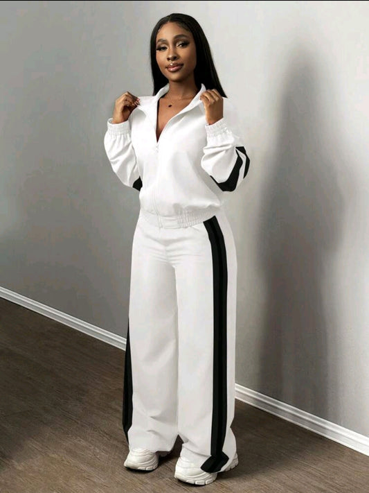 Slaydiva Nouveau ensemble décontracté de 2 pièces pour femmes : veste à zip col montant casual sports de rue à épaules dénudées