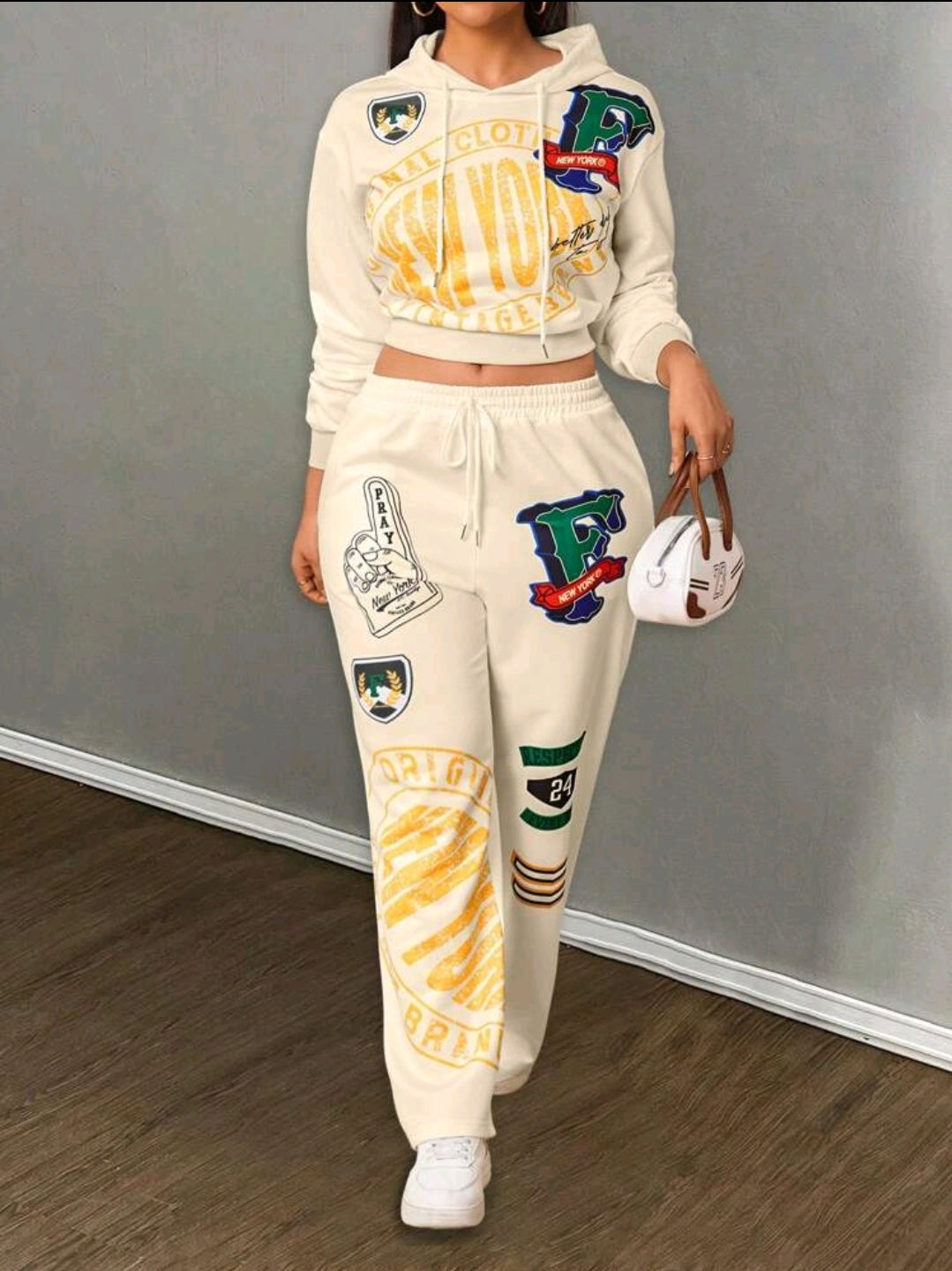 INAWLY 2 pièces Ensemble casual femme Top à capuche avec imprimé lettre et pantalon