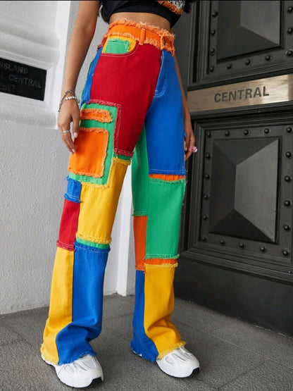 Jean à imprimé patchwork effiloché
