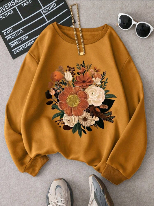 INAWLY Sweatshirt oversize, épais, col rond, à motif floral imprimé, pour femme, adapté à l'automne, manches longues