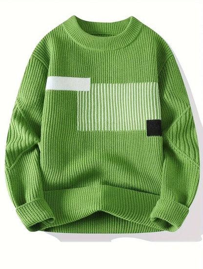 Pull Tricoté à Rayures et Blocs de Couleur pour Homme, Pull Décontracté