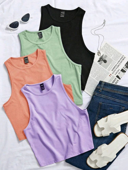 Chiquease Débardeur casual polyvalent à col rond de couleur unie pour femmes