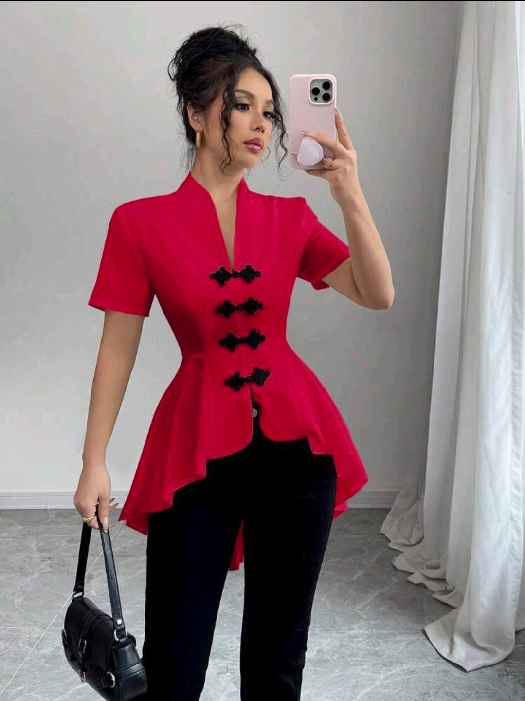 Elenzga Chemise décontractée 2024 pour femmes à boutons devant, décoration et ourlet asymétrique