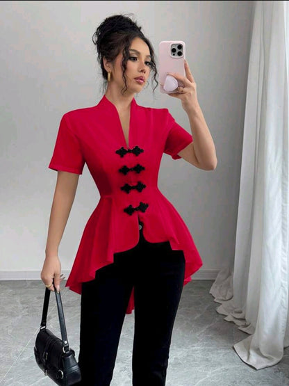 Elenzga Chemise décontractée 2024 pour femmes à boutons devant, décoration et ourlet asymétrique