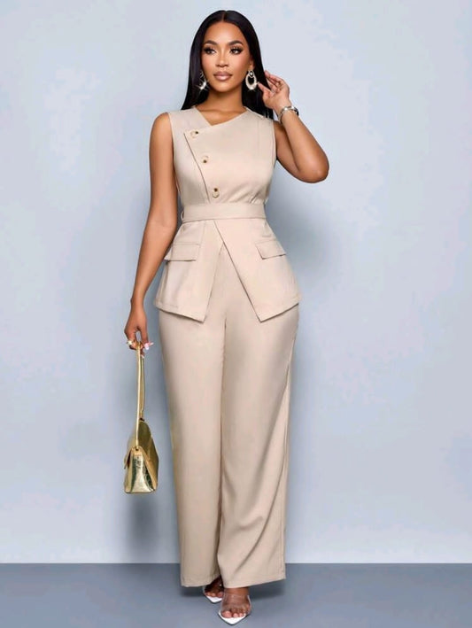 SOLERSUN 2 pièces/set Femme Décontracté Mode Quotidienne Polyvalente Blouse Asymétrique Sans Manches à Ourlet Asymétrique & Pantalon Taille Haute à Jambe Large Avec Ceinture