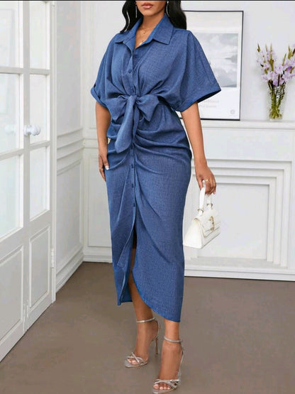 Robe de bureau, robe de vacances, robe chemise à volants bleue unie effet denim pour femmes