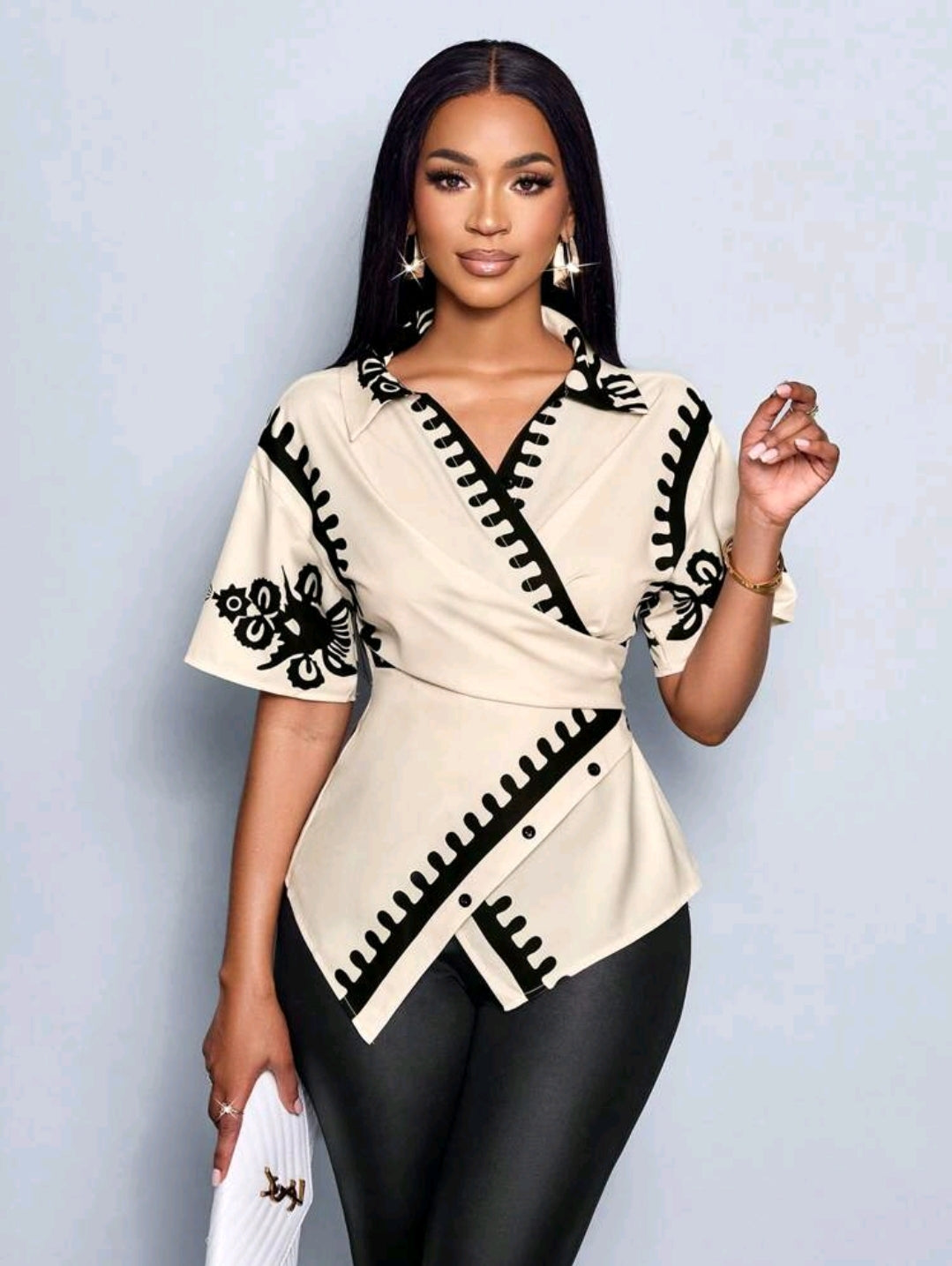 SOLERSUN Blouse élégante pour femmes avec manches chauve-souris, taille resserrée et imprimé, style croisé