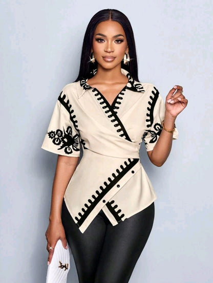 SOLERSUN Blouse élégante pour femmes avec manches chauve-souris, taille resserrée et imprimé, style croisé