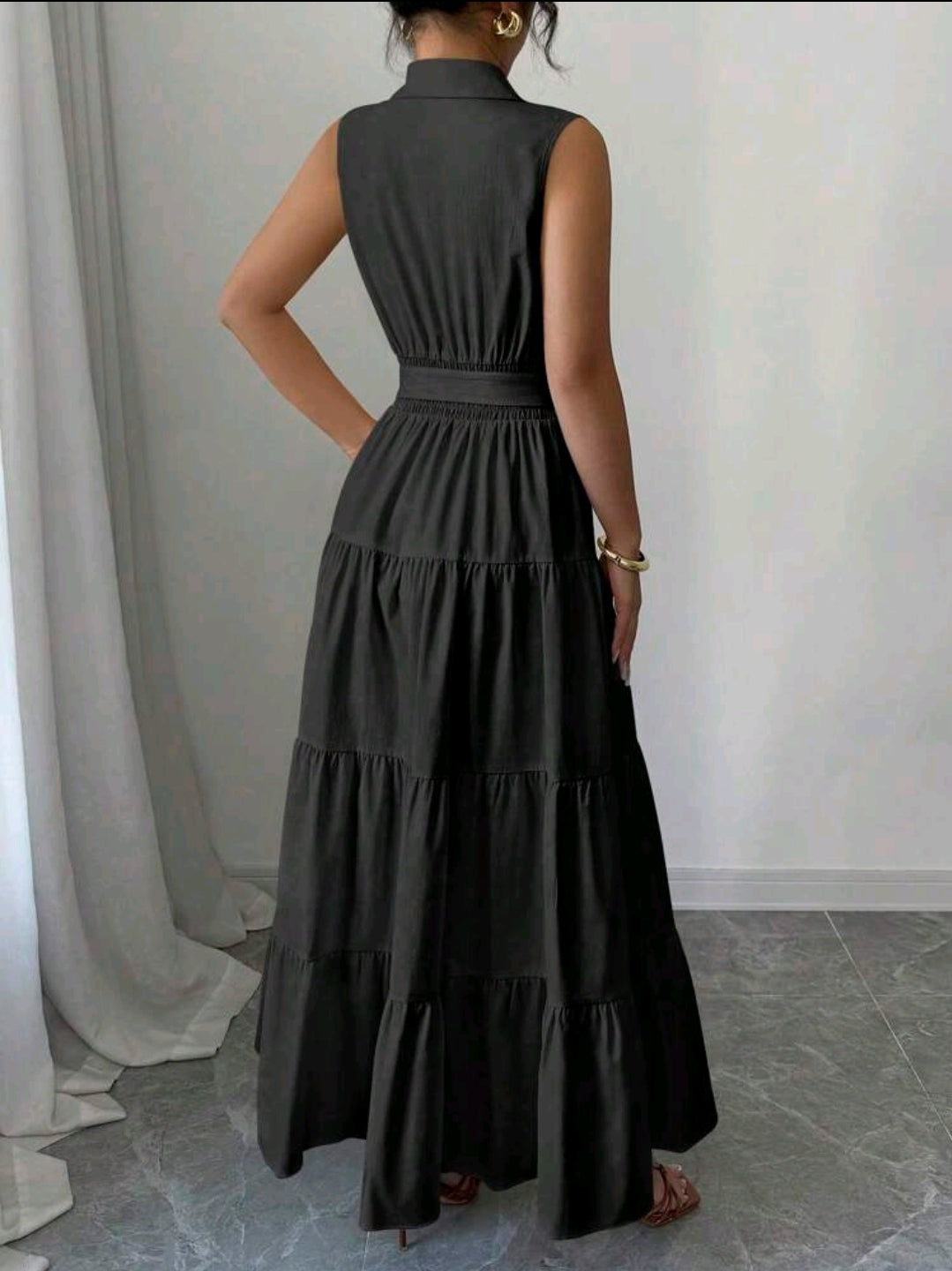 Elenzga Robe longue pour femmes avec col, boutons et ceinture