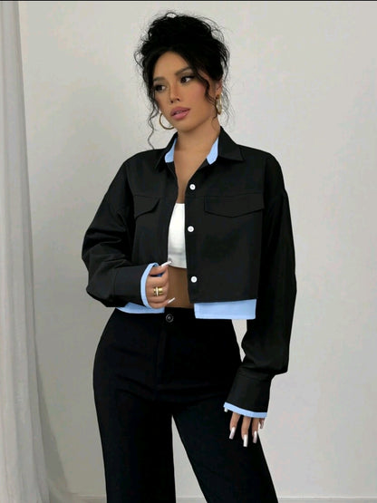 Chiquease Nouvelle blouse à manches longues avec couleurs contrastées pour femmes, en tissu tissé, col rabattu