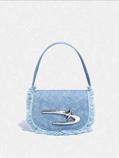 Jean Bleu Mini Demi Lune Sac De Selle Avec À Franges Décoration Et À Rabat Couverture , Adapté Pour Rencontre Ou Voyage