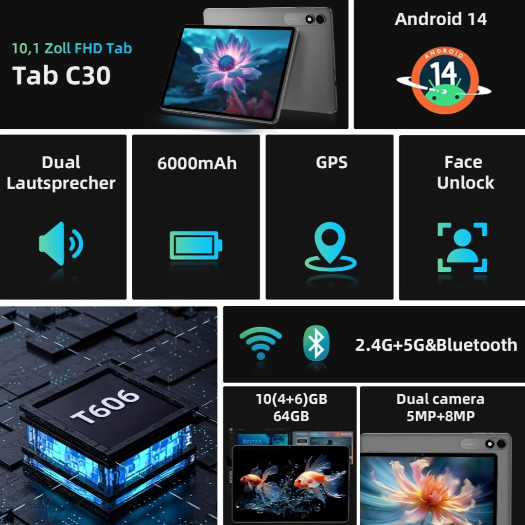 Tablette 10,1 pouces Android 14, certifiée GMS (2024), Octa Core avec étui, 10 Go de RAM, 64 Go de ROM, 1 To d'extension, 6 000 mAh, charge rapide, Wi-Fi, Bluetooth 5.0, FM, GPS (bleu)