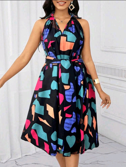 Robes de vacances Robe avec ceinture à nœud et imprimé géométrique pour femmes, pour l'été