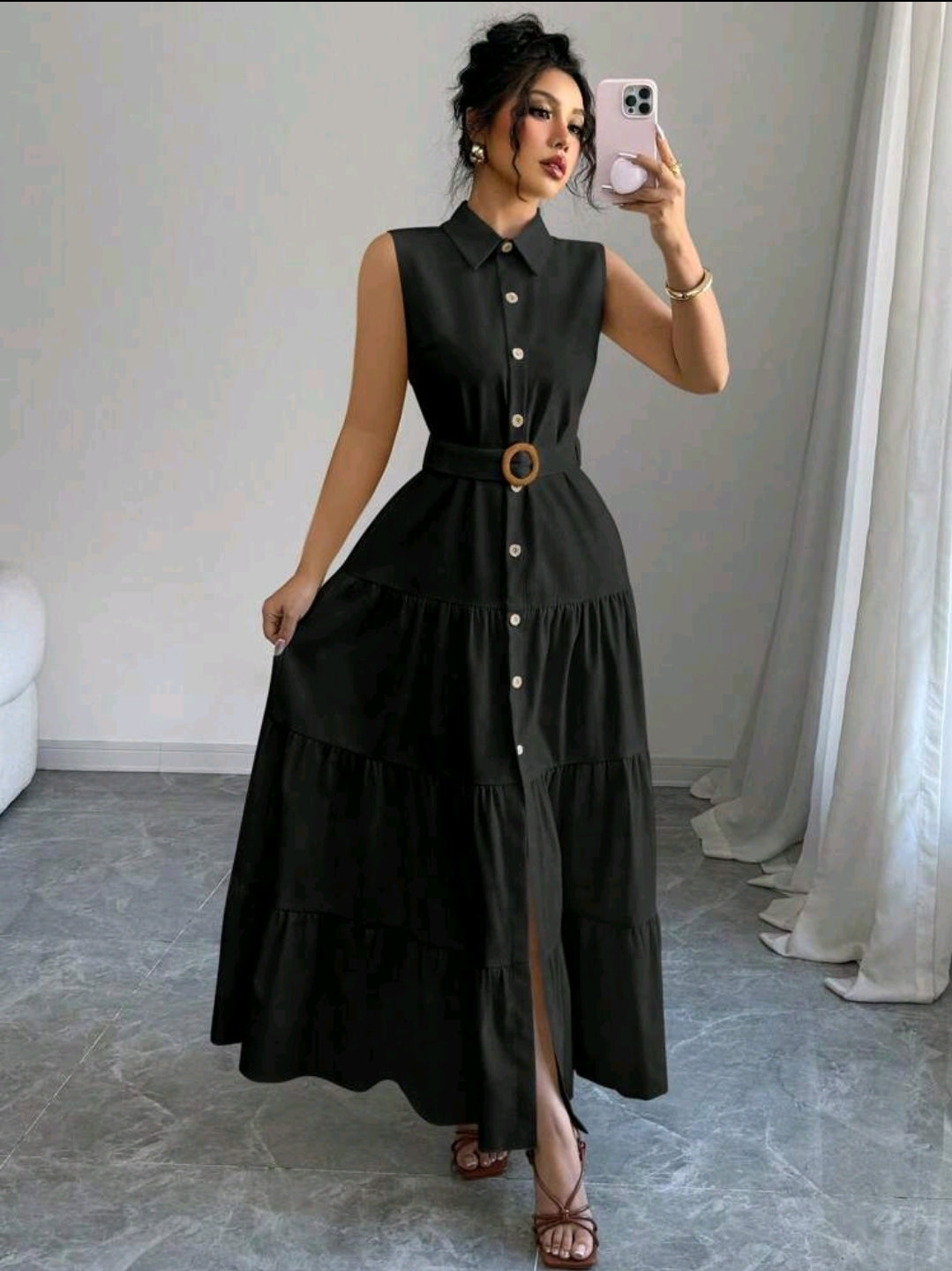 Elenzga Robe longue pour femmes avec col, boutons et ceinture