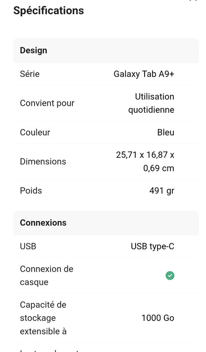 Samsung | Galaxy Tab A9+ 64 Go wifi Argent , garantie 2ans