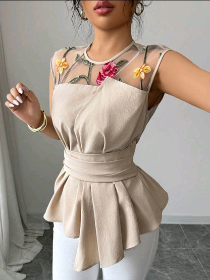 Elenzga Blouse femme à encolure ras du cou, sans manches, texture froissée, taille resserrée, avec broderie en maille