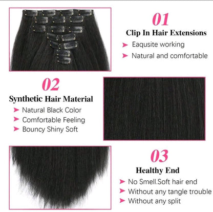 Extensions de cheveux raides kinky noirs en clips pour la tête complète, extensions synthétiques raides yaki en clips pour 7 pièces 25 inch