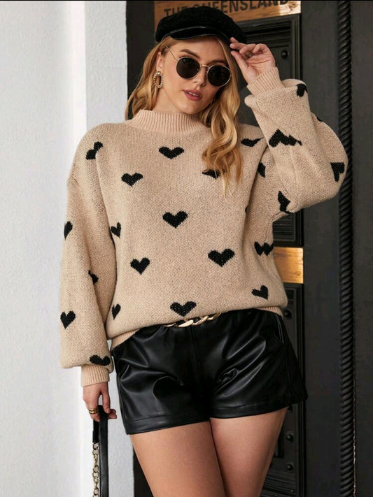 Franclia Pull oversized à motif cœur, hiver
