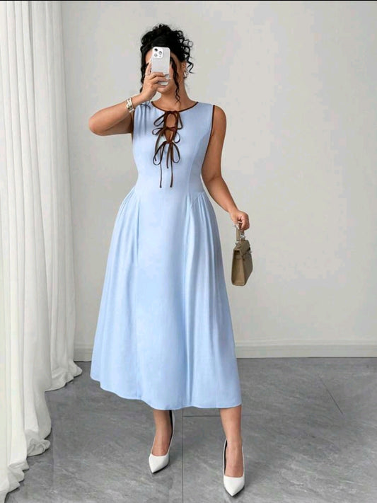 Elenzga Robe femme la plus récente, avec col ajouré, design de cravate bicolore, ourlet côté taille froncé