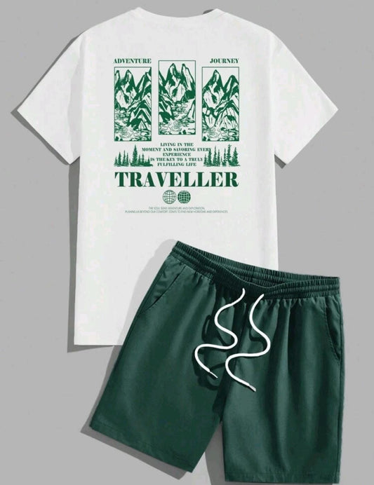Manfinity Hypemode Ensemble t-shirt décontracté avec slogan de montagne et short tissé unicolore