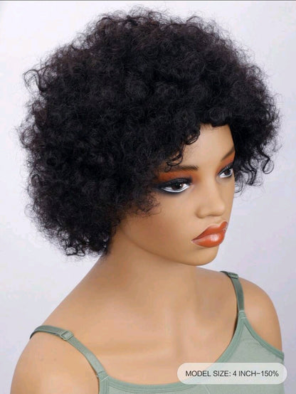 Perruque courte en cheveux humains à la coupe pixie bouclée afro kinky avec frange bon marché, perruque bouclée Jerry douce et moelleuse