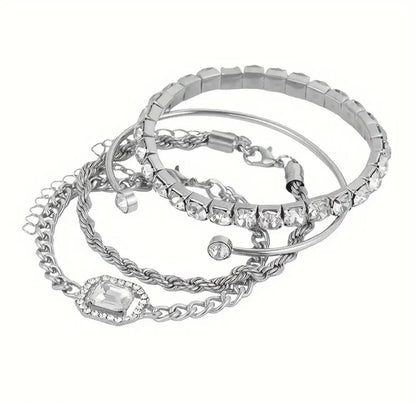 Ensemble de 4 Bracelets pour Femmes de Style Punk Exagéré avec Chaîne Torsadée et Strass