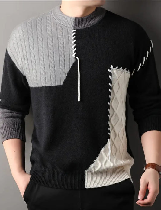 1pc Pull À Col Rond de Style Coréen Pour Hommes, Motif Rayé Décontracté, Tricot Côtelé, Légèrement Extensible, Coupe Ample, Tissu Tricoté En Acrylique, Pull Épais Et Chaud Pour L'automne/hiver