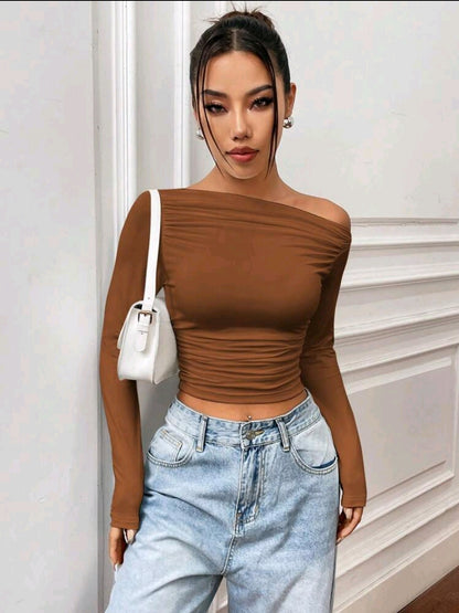 Flirla T-shirt À Manches Longues Slim Plissé Encolure Asymétrique Couleur Unie, Adapté Pour Les Loisirs De Printemps