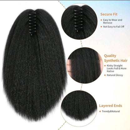 Extensions de queue de cheval de 12 pouces (30,5 cm) avec pince, queue de cheval de texture yaki noire pour femmes, extensions de queue de cheval droite bouclée 28 inch