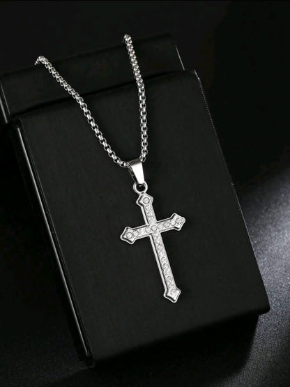 1 pièce Nouveau collier de croix en acier inoxydable incrusté de strass, style minimaliste, cadeau, en gros, transfrontalier, de haute qualité, chaîne longue pour pull, plaqué or, pendentif.