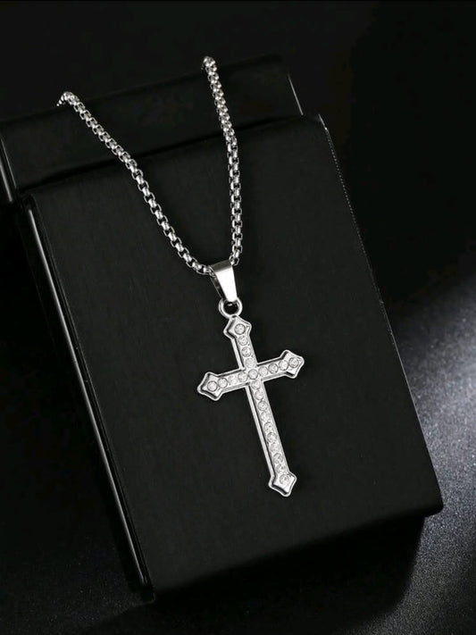 1 pièce Nouveau collier de croix en acier inoxydable incrusté de strass, style minimaliste, cadeau, en gros, transfrontalier, de haute qualité, chaîne longue pour pull, plaqué or, pendentif.