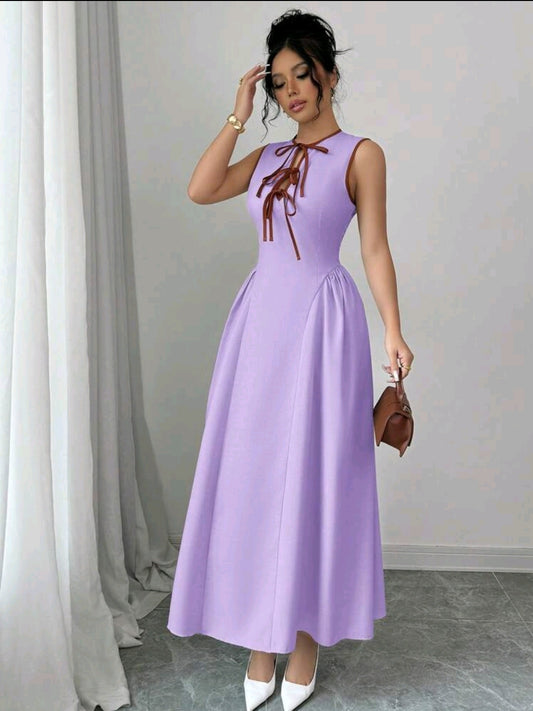 Elenzga Robe femme la plus récente, avec col ajouré, design de cravate bicolore, ourlet côté taille froncé, tissu texturé, fermeture à glissière dans le dos