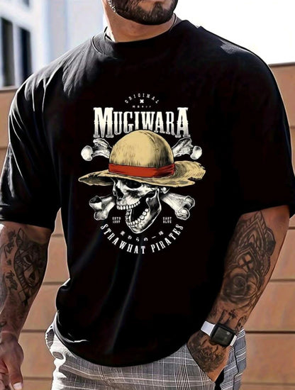 Chapeau de paille mode homme, t-shirt imprimé crâne